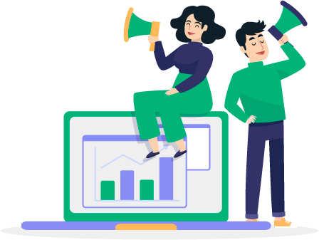 a man and a woman standing on top of a computer screen