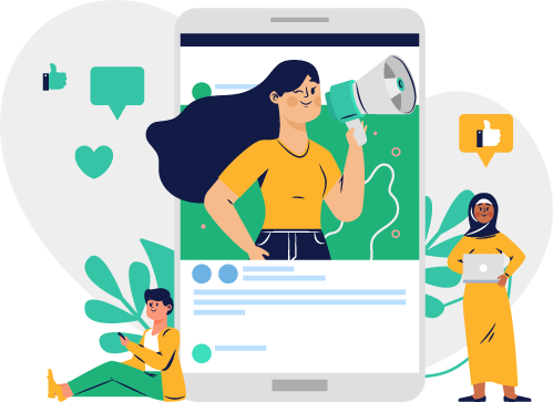 a woman holding a megaphone with a man standing next to her